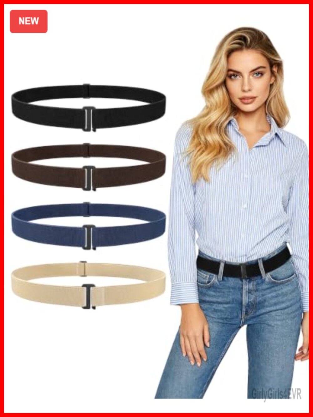 4 Pack No Show Elastic Belts for Women Invisible Stretch Belt with Flat Buckle